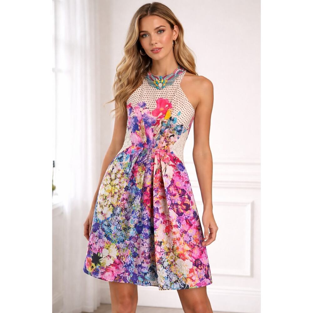 Ranna Gill Anthropologie Arnala Beaded Halter Floral Mixed Print Sz 0